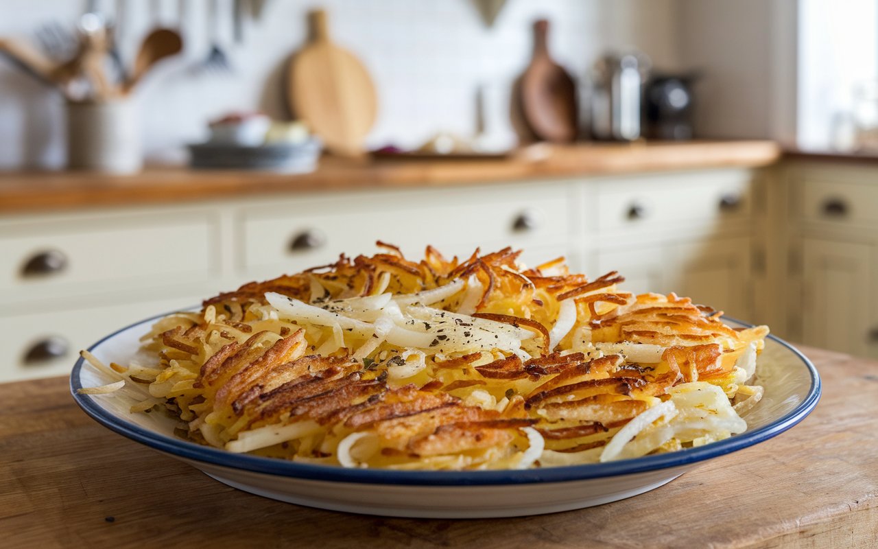 Grated potatoes and onions being squeezed in a kitchen towel