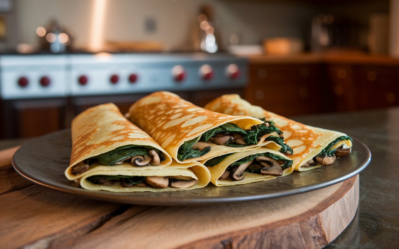 A plate of savory crepes served with salad and wine.