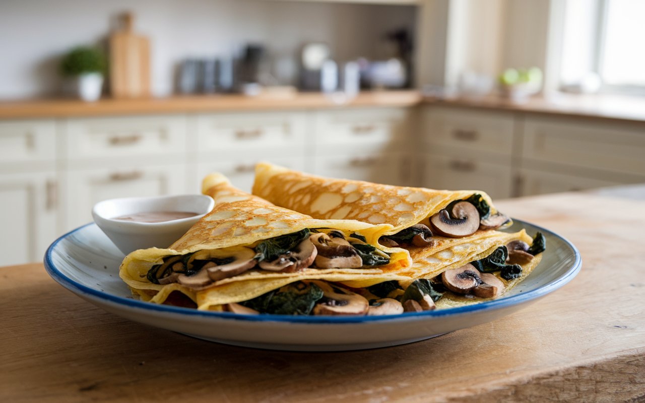 Cooking crepes in a pan during the preparation process.