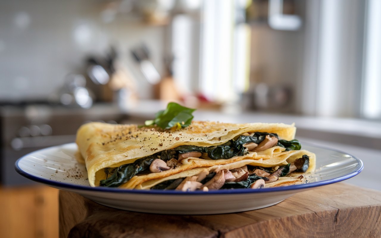 A plate of savory crepes with spinach and mushrooms garnished with herbs.