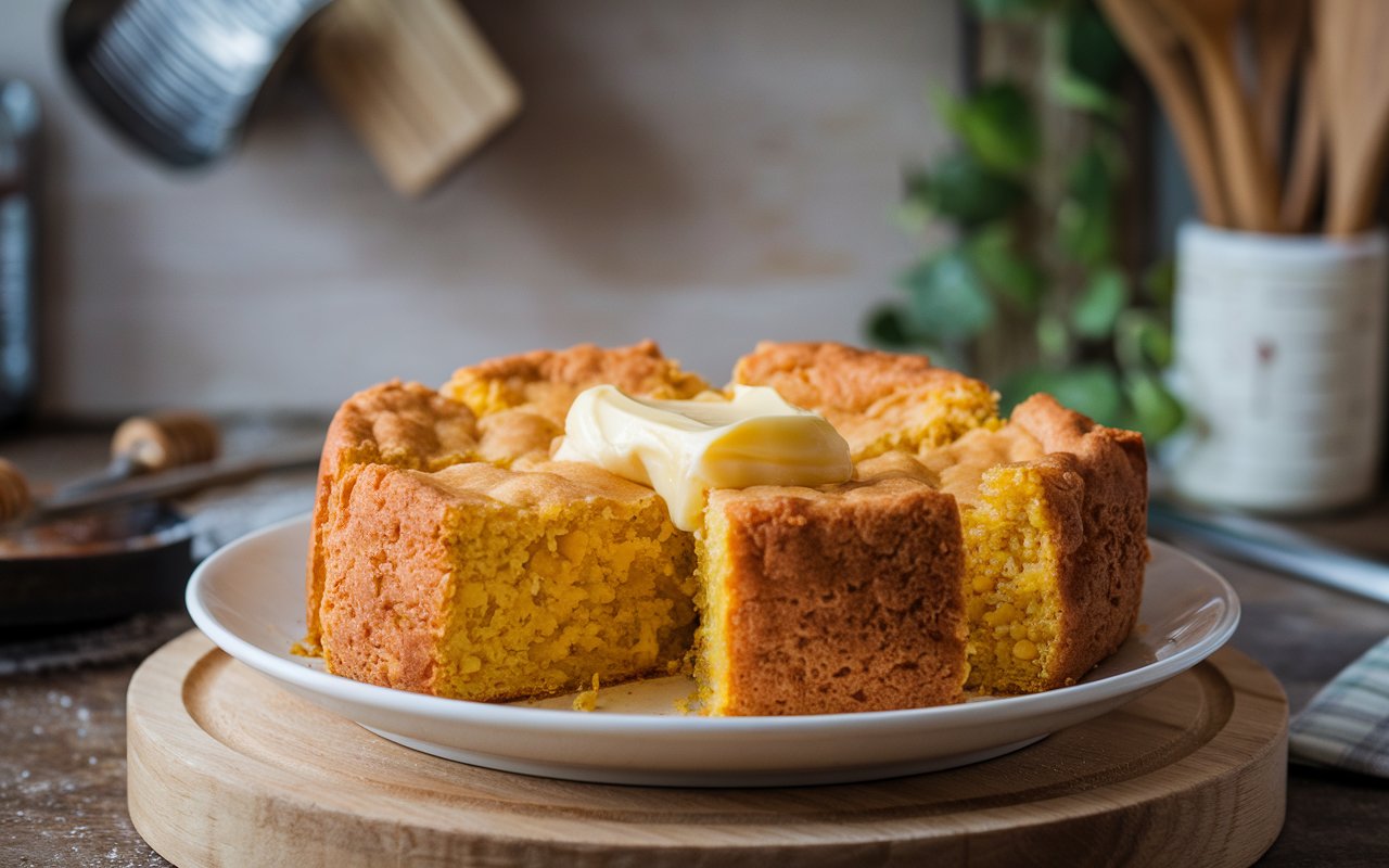 Golden sweet cornbread with melting honey butter in a cast iron skillet.