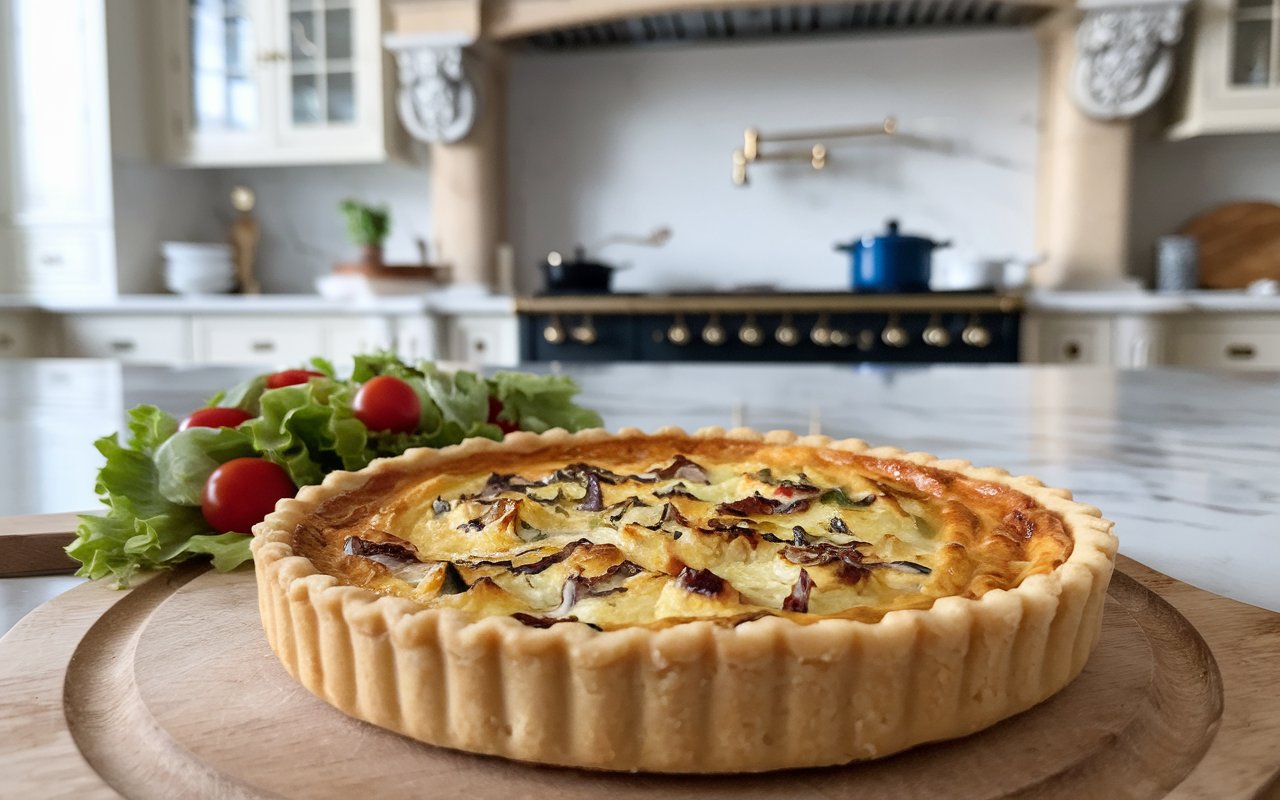 Classic Quiche Lorraine on a rustic wooden table.