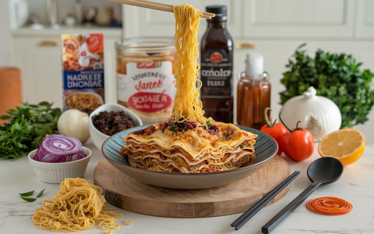 A slice of ramen lasagna served with salad and garlic bread.