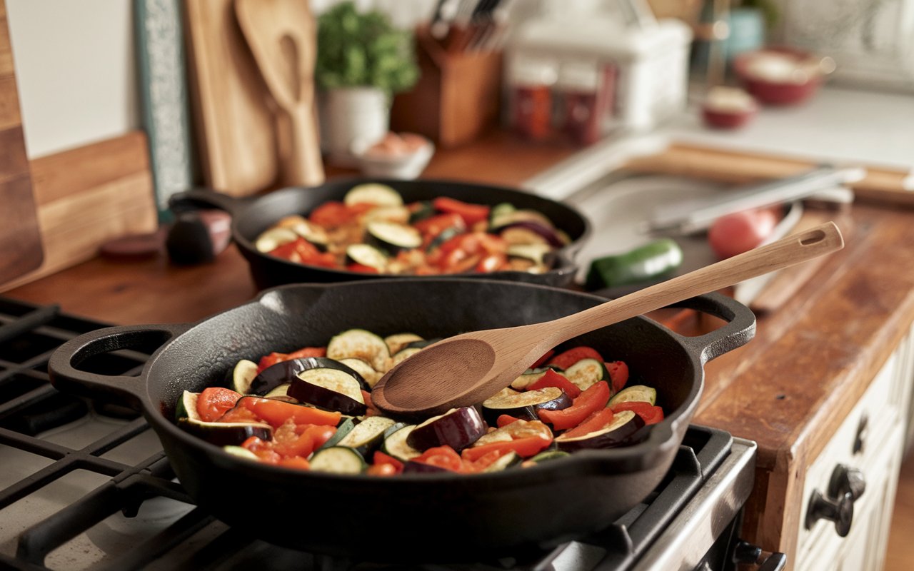 "Ratatouille served with crusty bread on a rustic table."