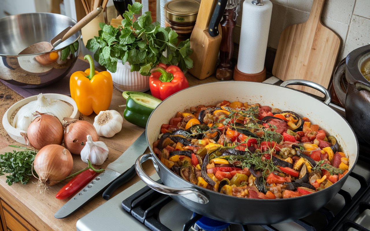 "Fresh ingredients for making ratatouille."