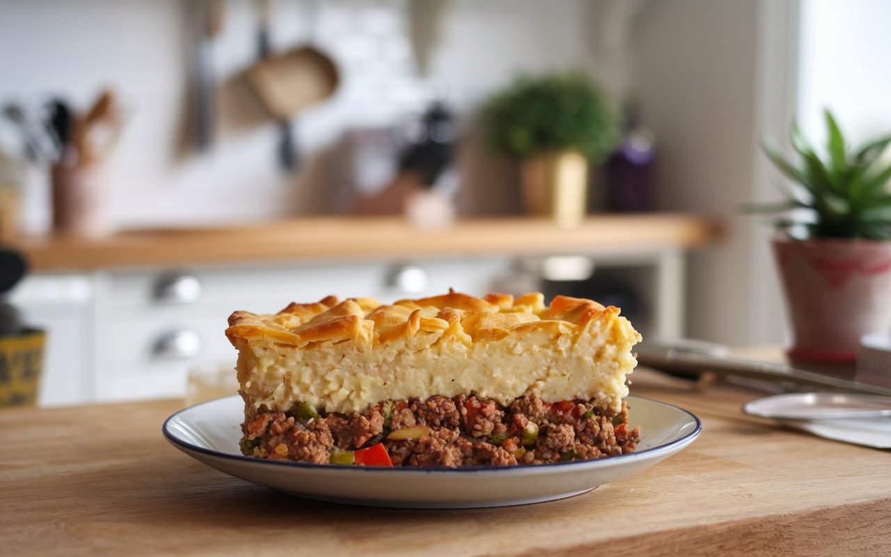  A reheated shepherd’s pie with golden mashed potatoes and parsley.