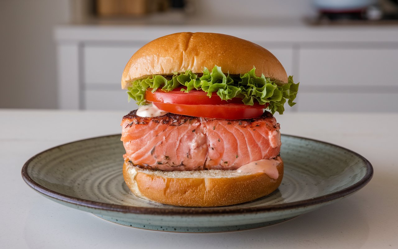  "Grilling salmon burgers with perfect grill marks"