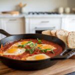 "Mini skillets of Shakshuka with bread and side dishes"