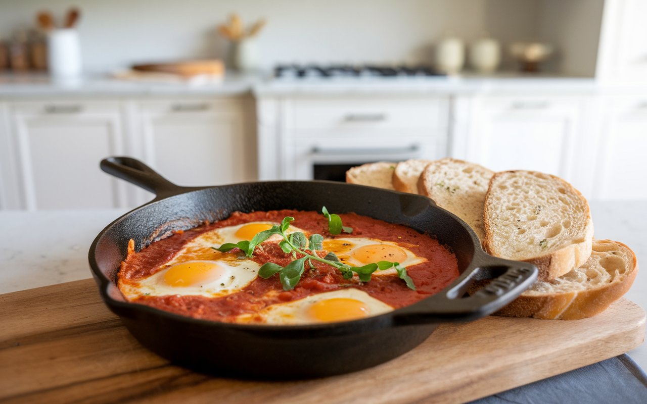 "Mini skillets of Shakshuka with bread and side dishes"