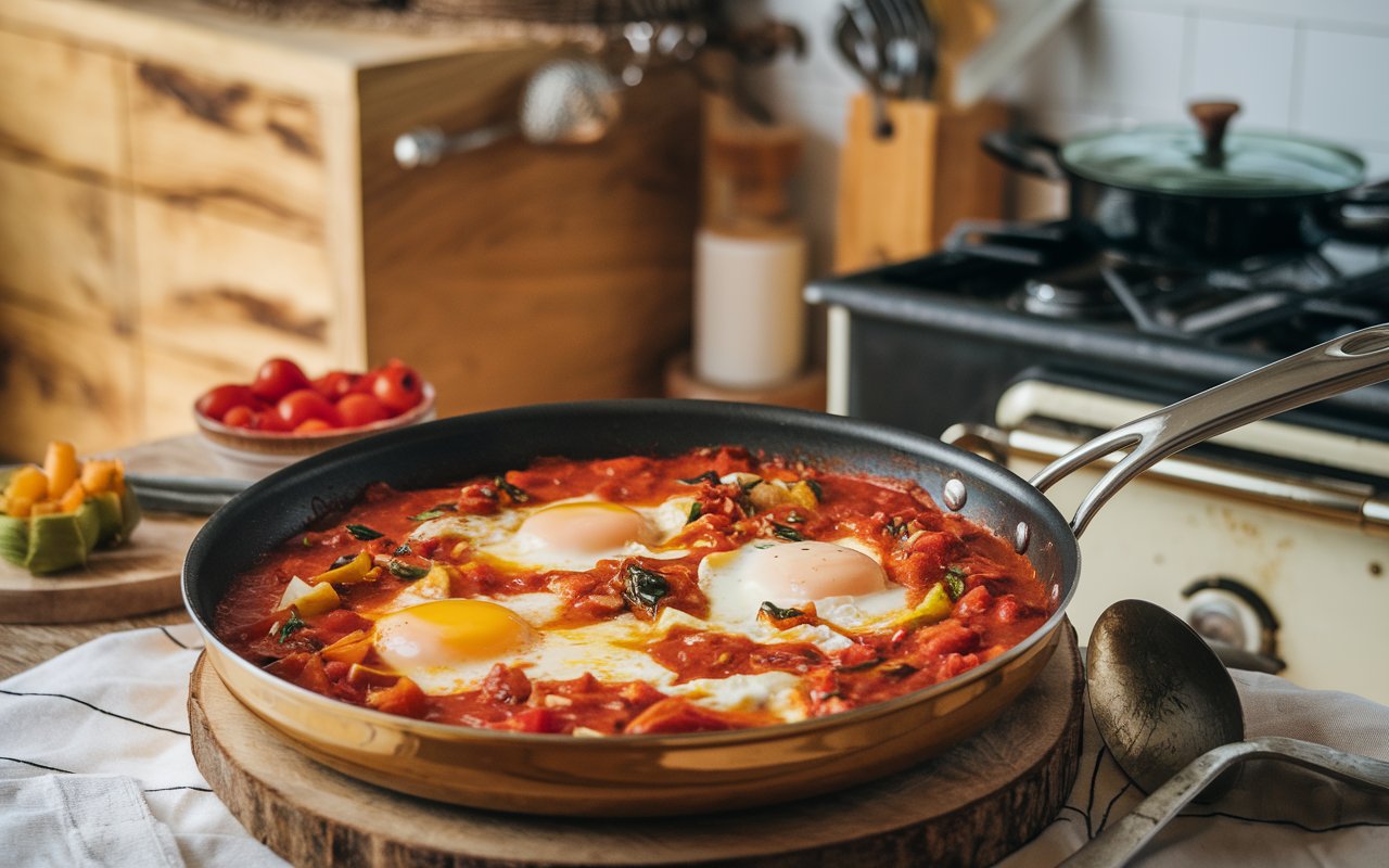 "Rustic skillet of Shakshuka with poached eggs and tomato sauce"