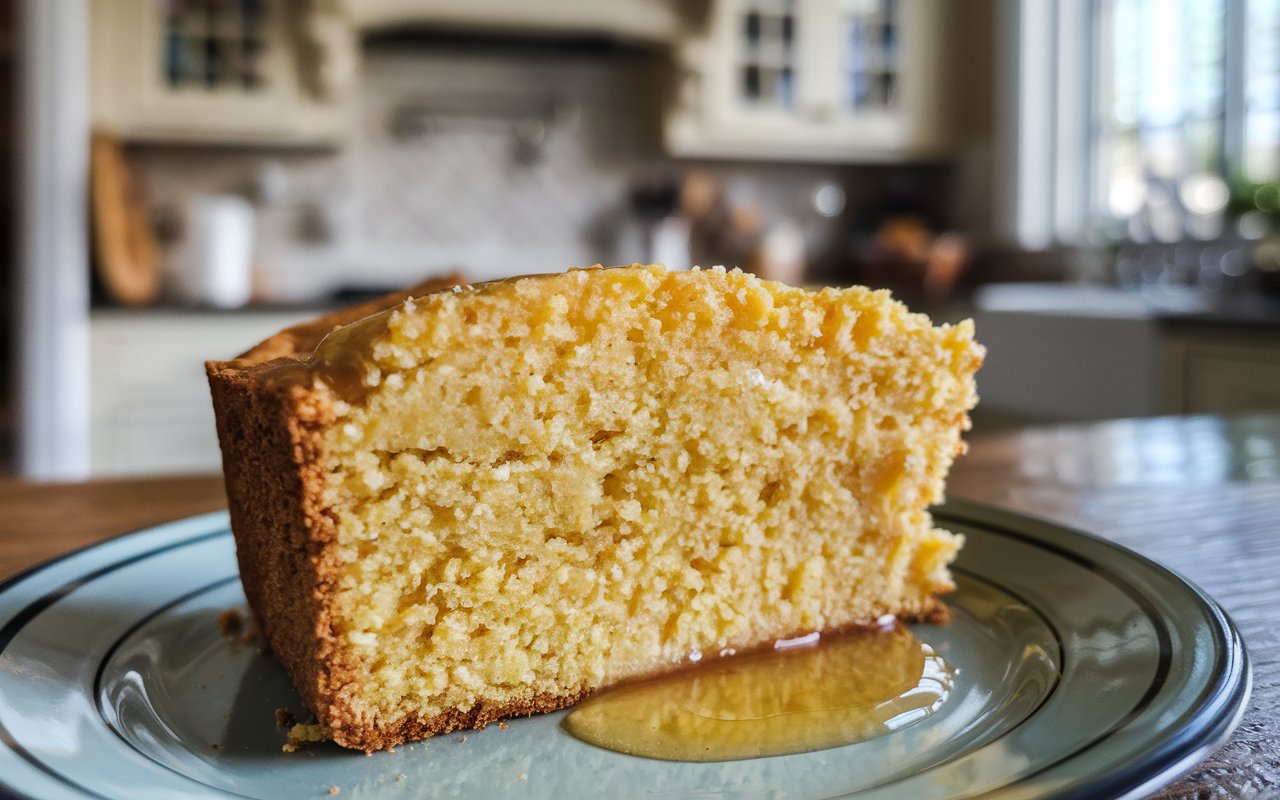 Cornbread ingredients like cornmeal, eggs, honey, and butter on a rustic table.