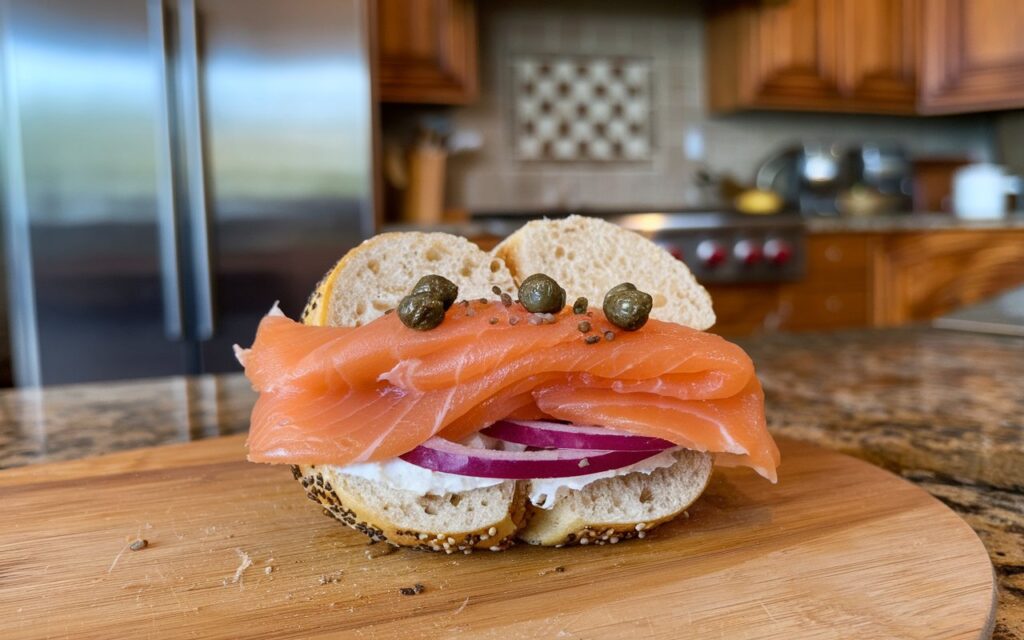 Mediterranean-inspired smoked salmon bagel with olives and sun-dried tomatoes.