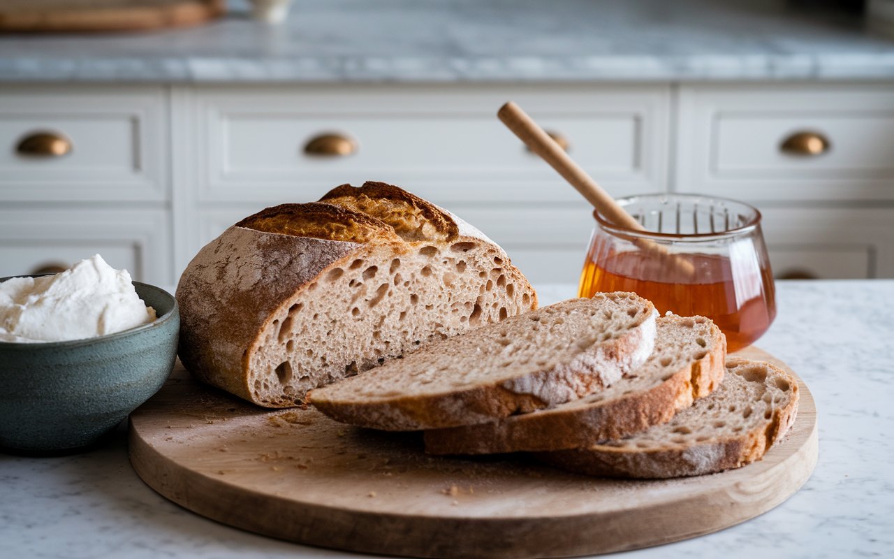 Rustic sourdough bread with ricotta and honey on a wooden board