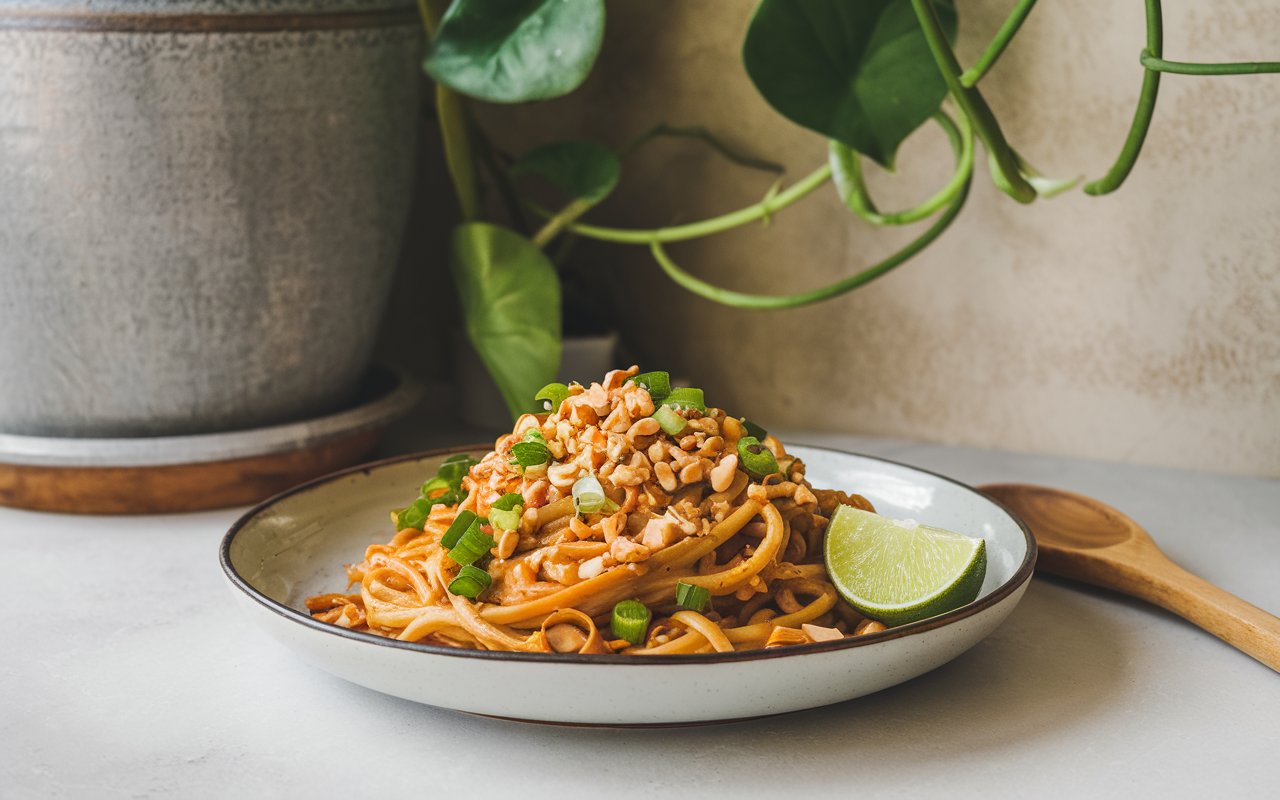  Fresh zucchini being spiralized into noodles on a wooden board.