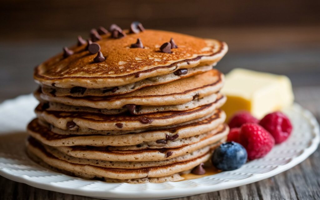 Stack of fluffy chocolate chip pancakes with butter and syrup.