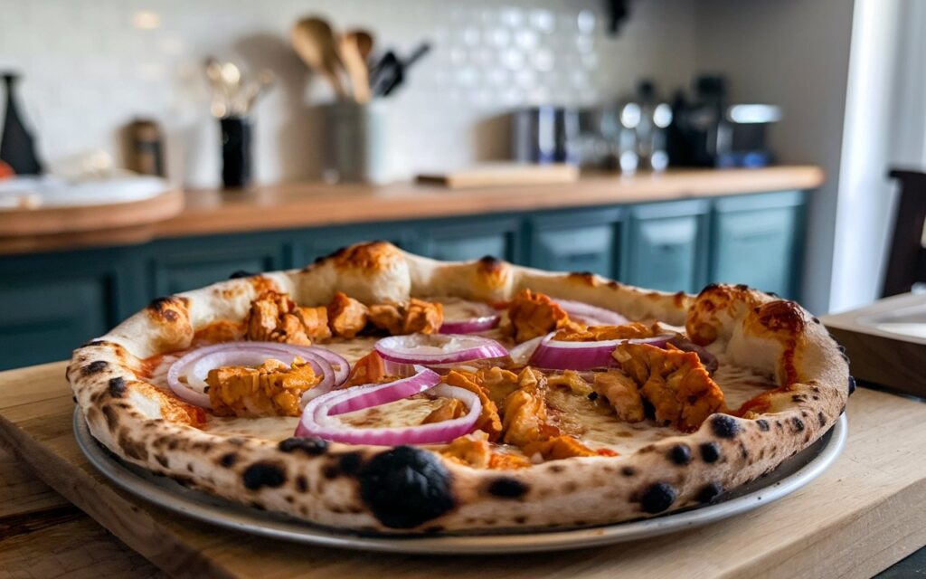 Process of assembling tandoori chicken pizza with toppings.