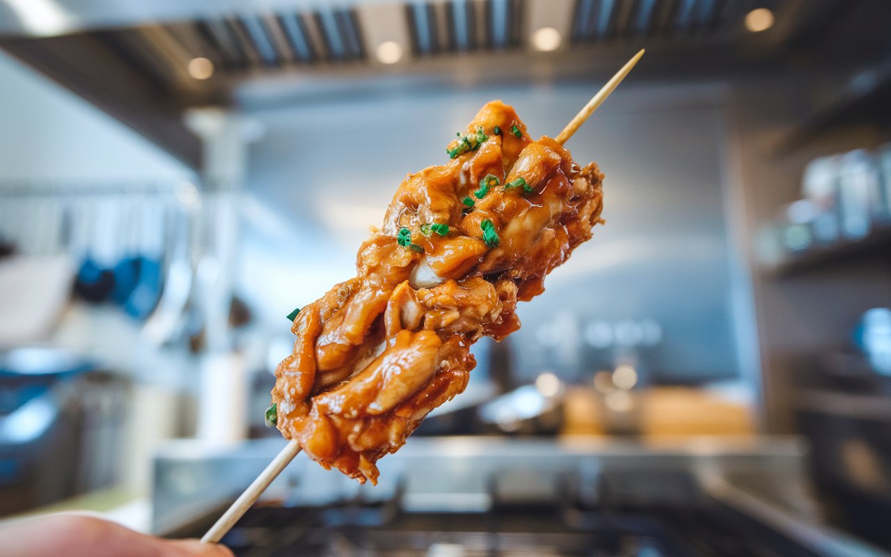 "Chicken strips being threaded onto bamboo skewers for grilling."