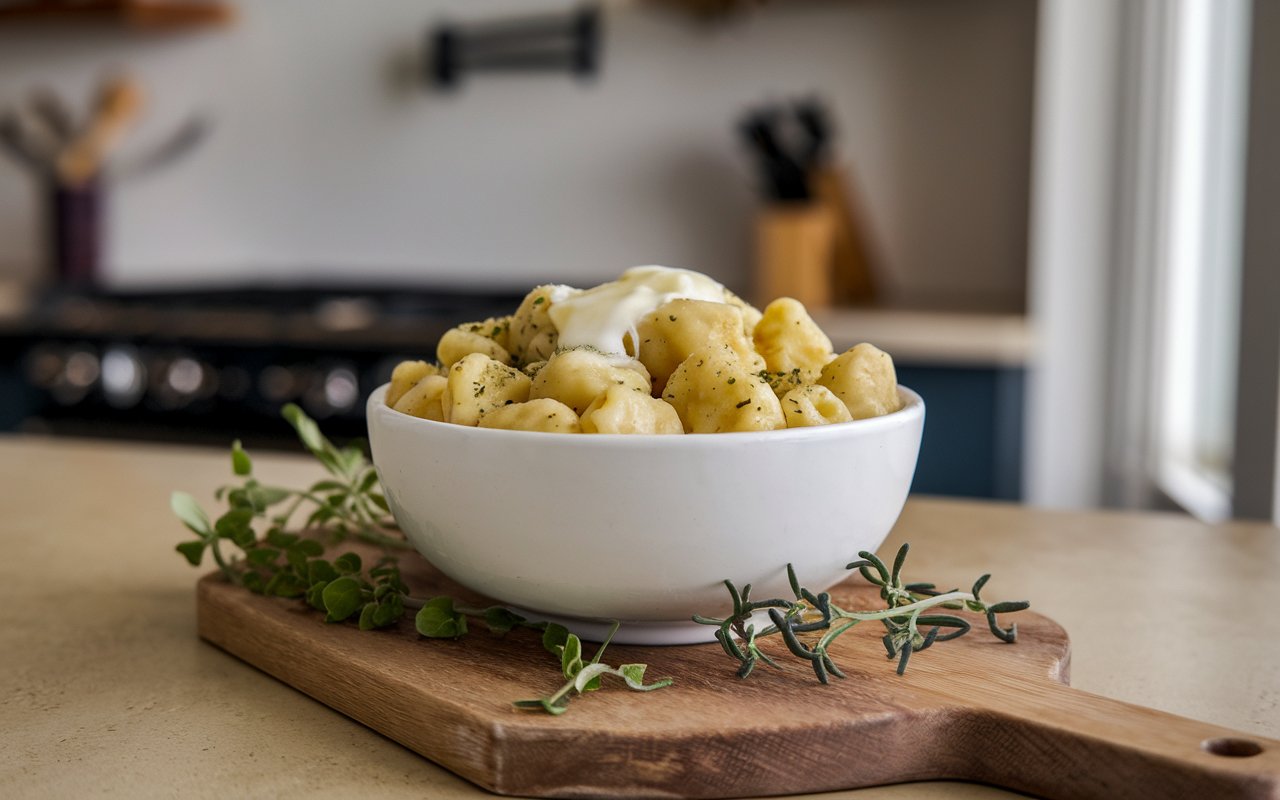 "Gnocchi with butter sauce served on a rustic wooden table."