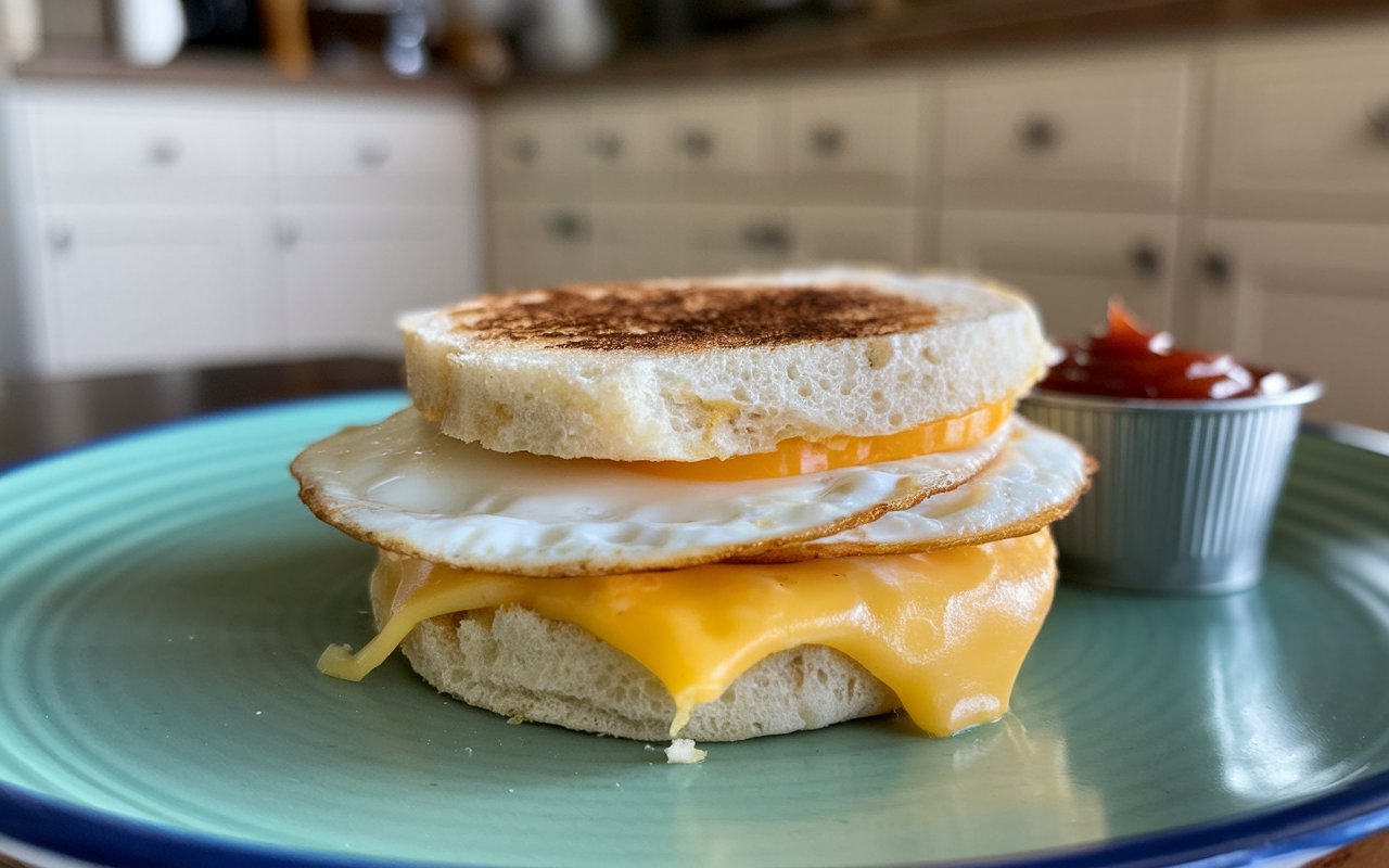 Egg and cheese breakfast sandwich variations on a serving board.