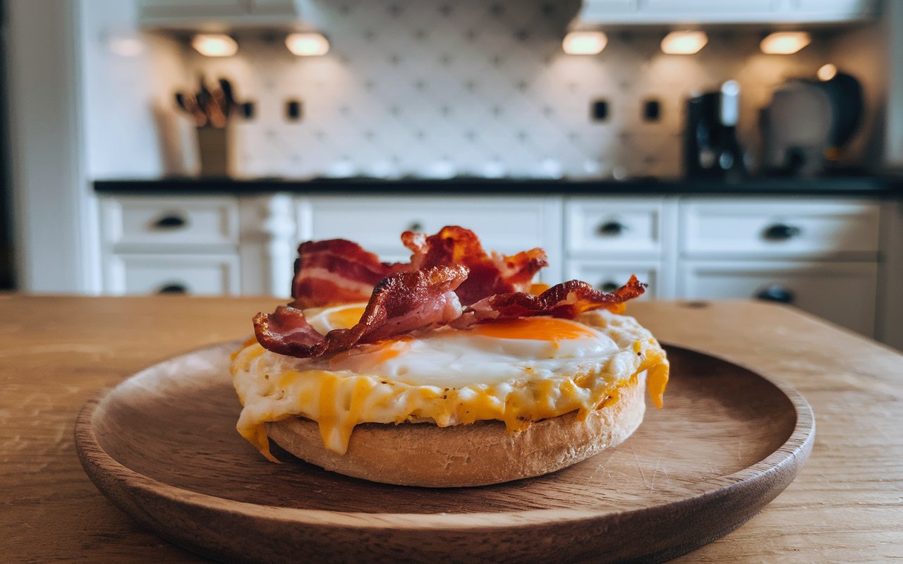 Process of making English muffin breakfast pizzas with toppings