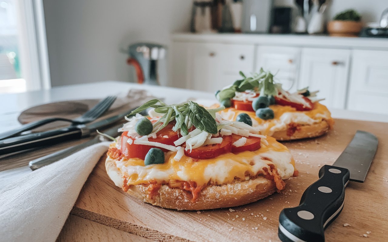 Golden-brown English muffin breakfast pizzas with cheese and toppings