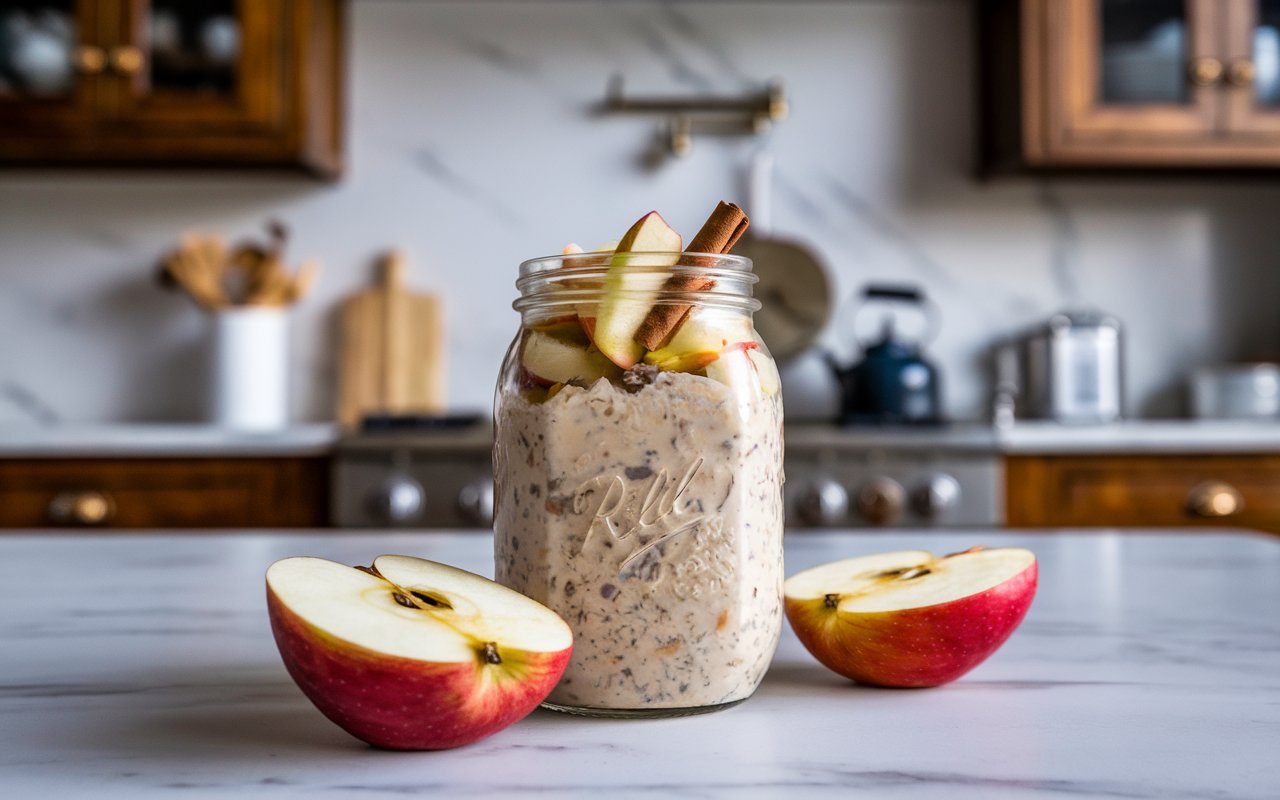 Mason jar of apple cinnamon overnight oats with apple slices and cinnamon.