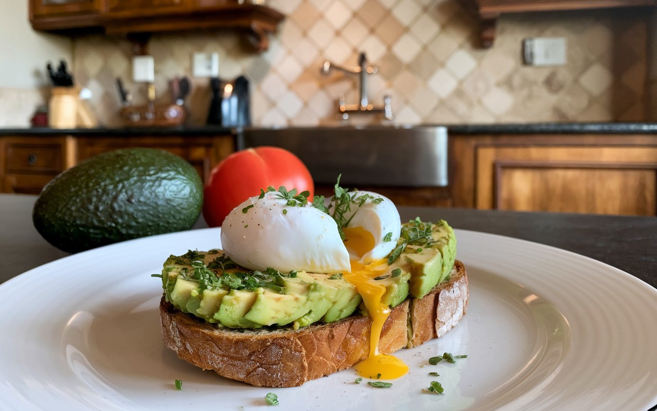 "Fresh ingredients for avocado toast: avocados, eggs, sourdough bread, and lemon on a marble countertop."