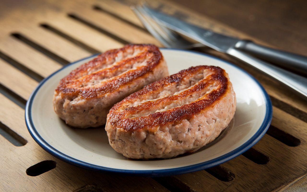 "Homemade sausage patties being shaped on a cutting board."