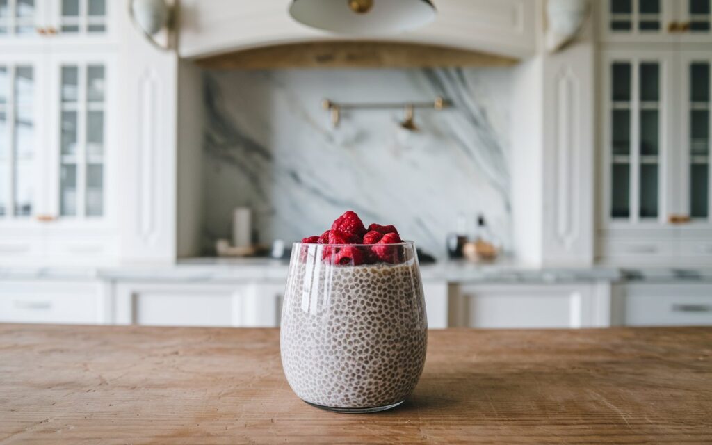 Layered chia seed pudding with fresh fruits and honey.