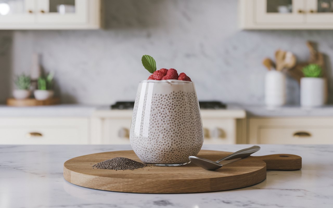 Chocolate chia seed pudding topped with coconut and nuts.