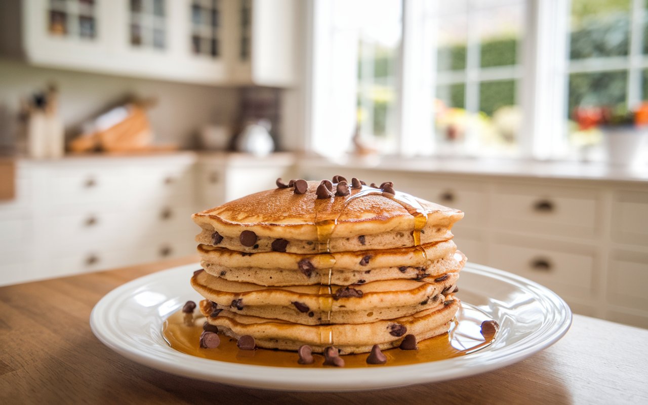 Mixing chocolate chips into pancake batter on a wooden counter.