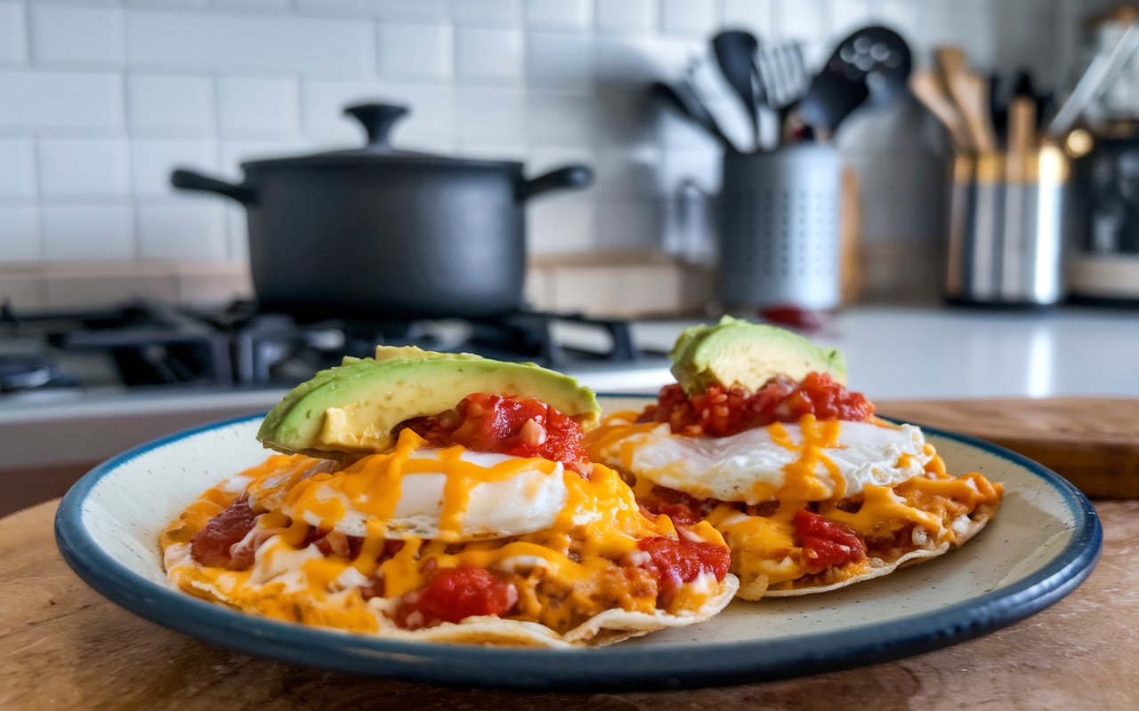 Sunny-side-up eggs with crispy edges cooking in a skillet.