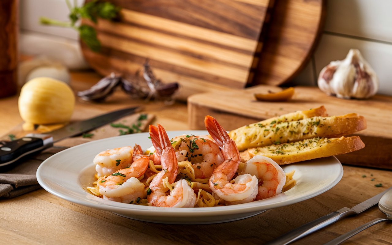  "Preparing raw shrimp with garlic, olive oil, and parsley."