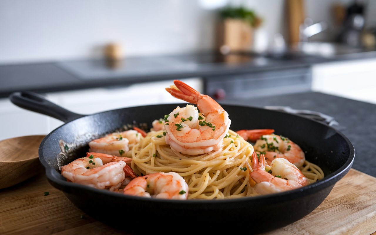 "Shrimp Scampi served over linguine with parsley and lemon."