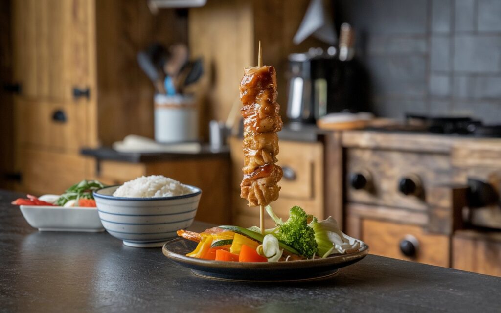 "Grilled teriyaki chicken on a stick served with dipping sauce."