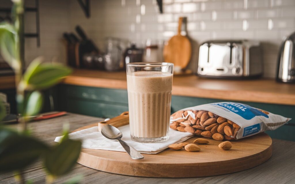 Different almond butter smoothie variations in glasses