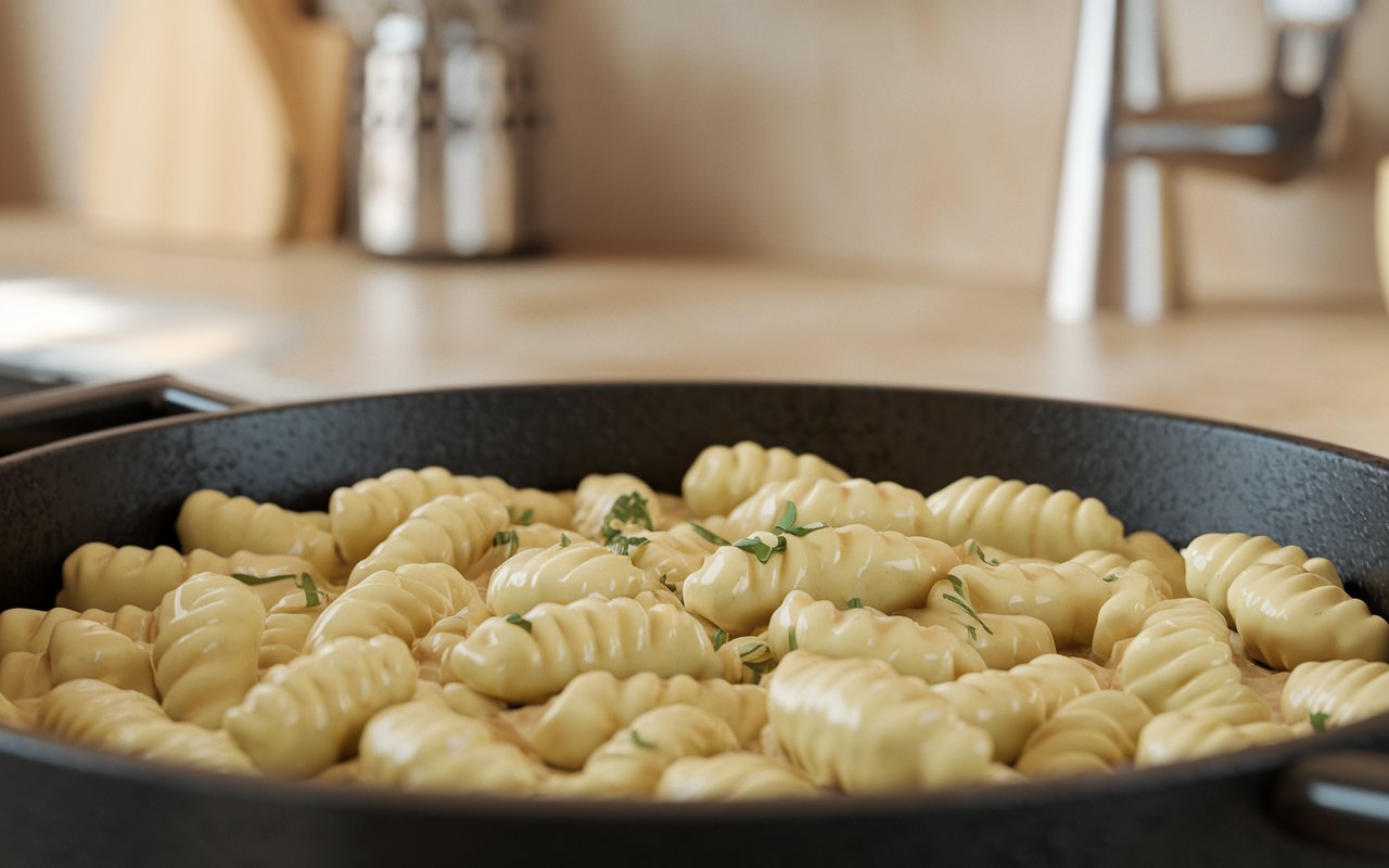 "Hands shaping gnocchi dough with a fork on a floured surface."