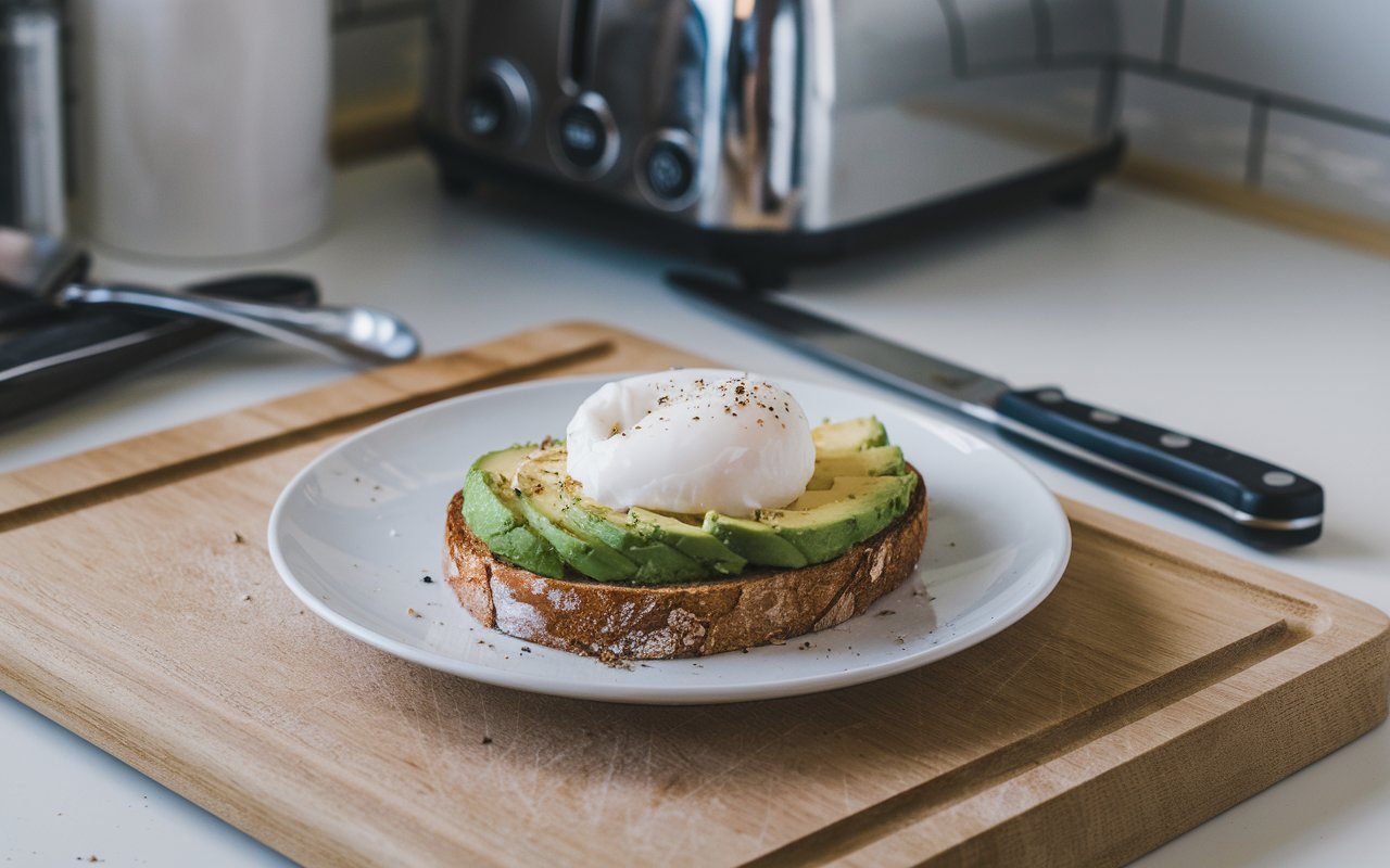 "Avocado toast with poached egg garnished with chili flakes and herbs on a wooden table."