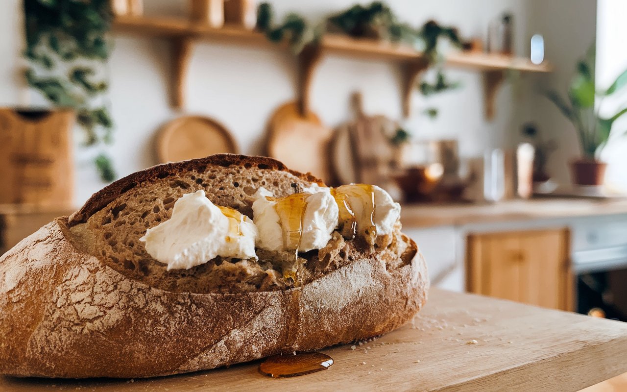  Sourdough dough ball in a bowl with honey and ricotta