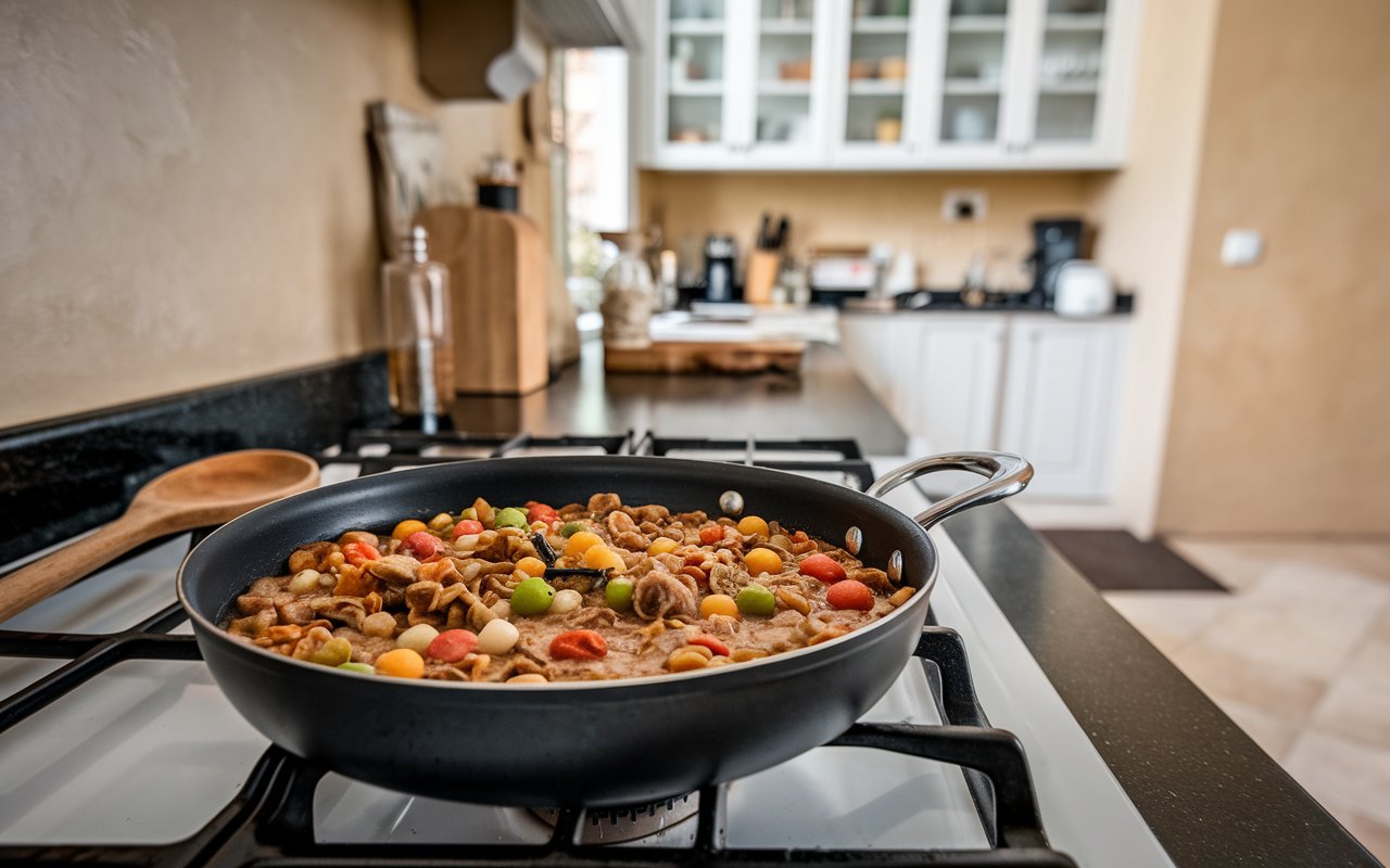 A bowl of reheated goulash garnished with parsley.