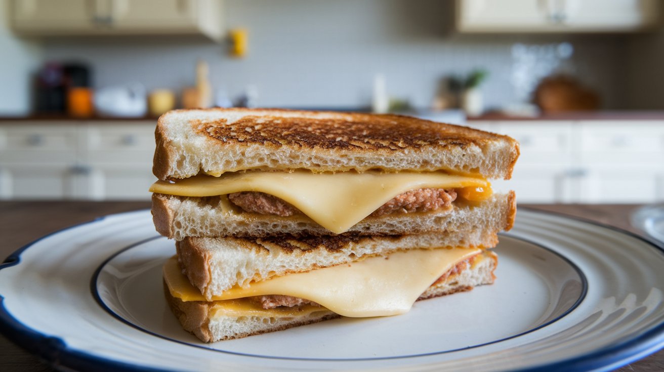  Ingredients for grilled cheese sandwiches on a wooden board.