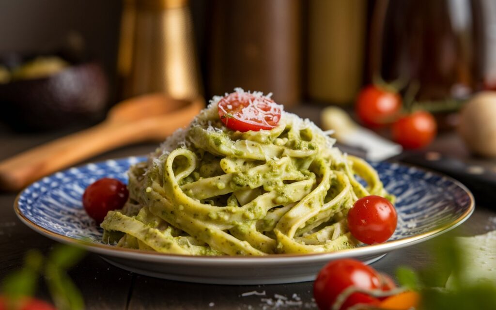 Pasta being tossed with creamy avocado pesto sauce in a mixing bowl.