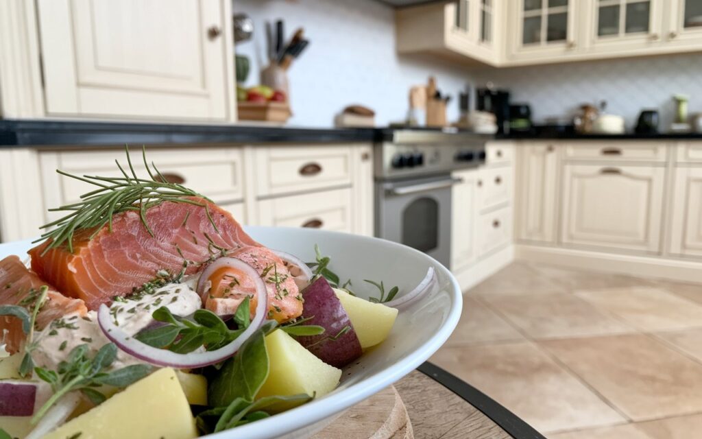 Step-by-step process of making smoked trout salad