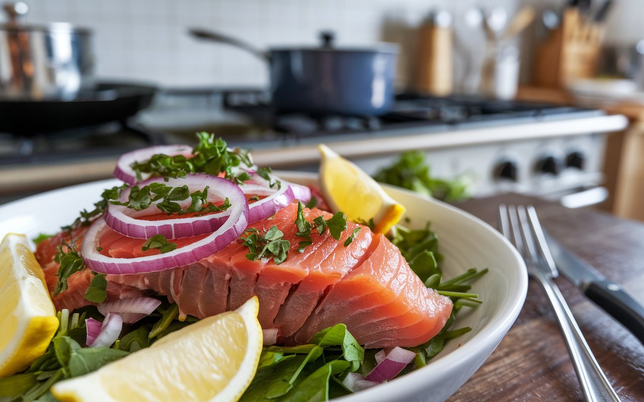  Ingredients for smoked trout salad laid out on a countertop