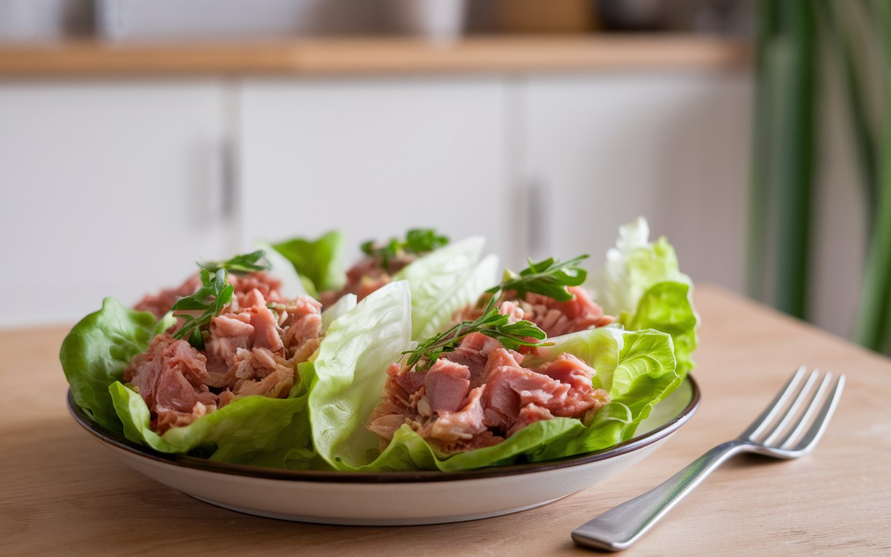  Fresh and healthy Tuna & Cucumber Lettuce Wraps on a plate.