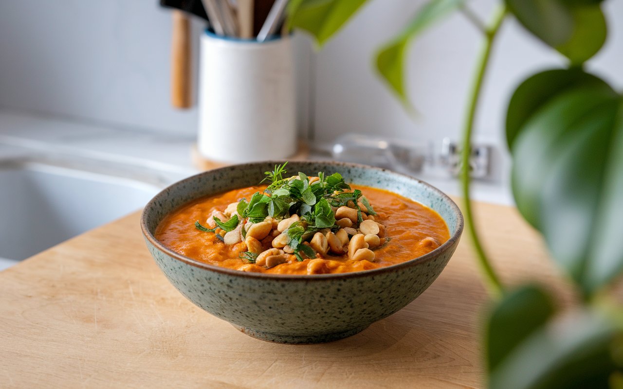  A bowl of hearty Sweet Potato & Peanut Stew garnished with peanuts and cilantro.