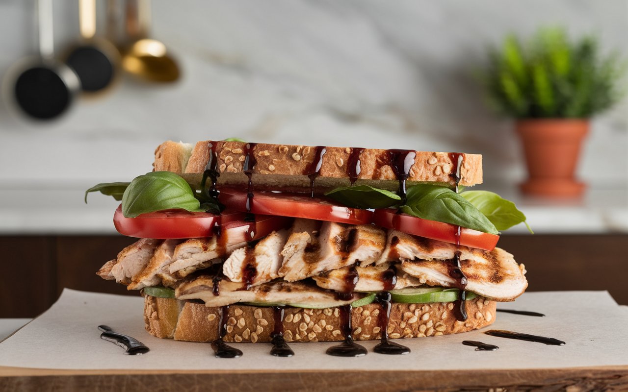 A Caprese Balsamic Chicken Sandwich served with fries and salad.