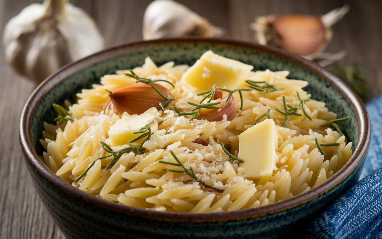 Creamy Garlic Butter Parmesan Orzo served in a rustic bowl