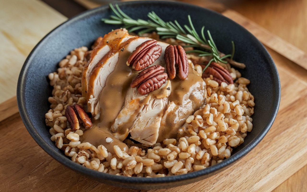 Seared chicken breast with maple Dijon glaze in a skillet