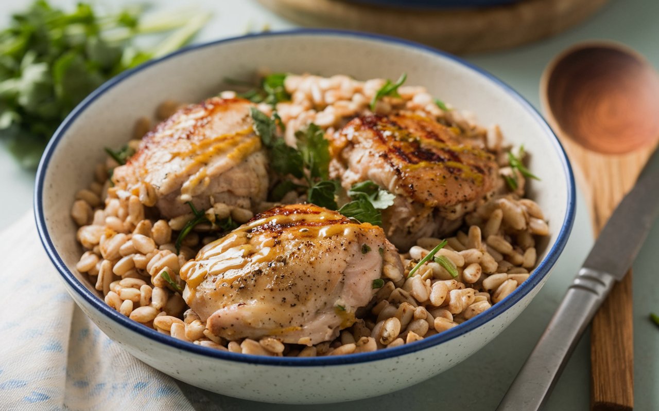  Maple Dijon Chicken & Farro Bowl served with fresh greens and dressing